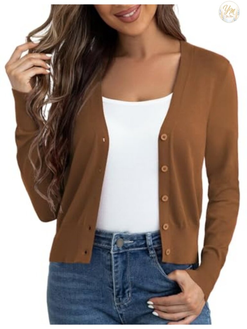 Women's Cropped Cardigan Lightweight Knit V-Neck Long Sleeve Sweater